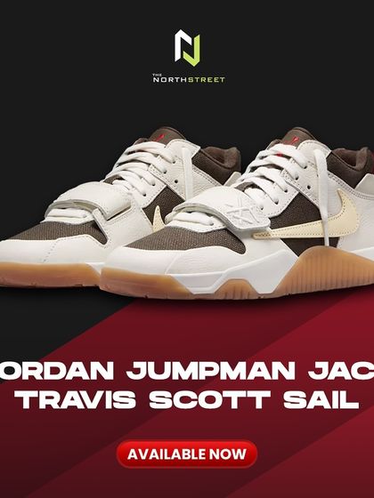 A clean graphic showcasing the Jordan Jumpman Jack TR 'Travis Scott Sail'. This pair combines premium leather and canvas for a distinct look and feel.