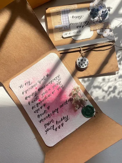 A look inside one of my custom birthday cards. I use a watercolor wash to add a pop of color behind your handwritten message, and finish it with a wax seal.
