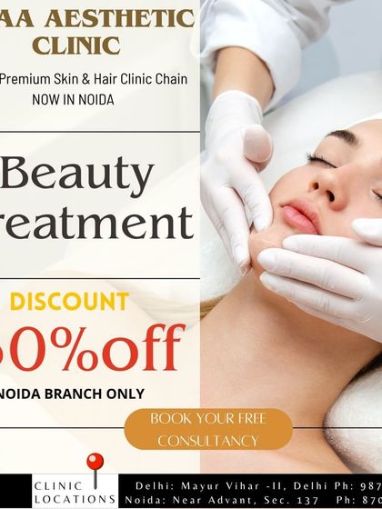 A promotional graphic highlighting a 50% discount on beauty treatments at our Noida branch, inviting clients to book a free consultancy.