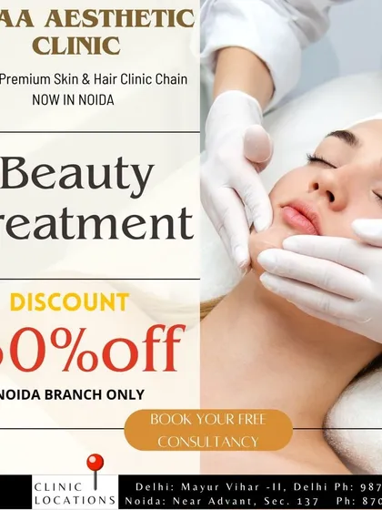 A promotional graphic highlighting a 50% discount on beauty treatments at our Noida branch, inviting clients to book a free consultancy.