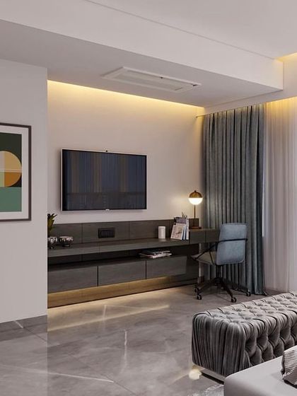 Another view of the dark and moody bedroom concept. This angle shows the integrated TV and study unit, demonstrating how to create a multi-functional space without sacrificing style.