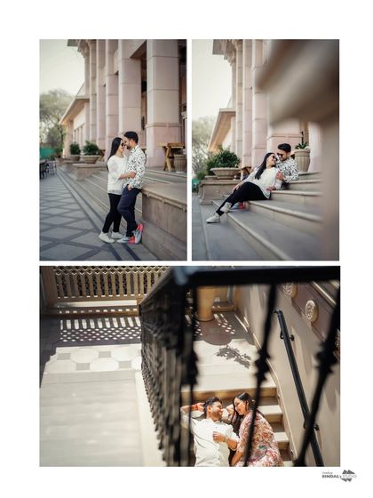 A collage of candid moments around the beautiful grounds of ITC Grand Bharat. These shots show the couple relaxing and enjoying their time together in a luxurious setting.