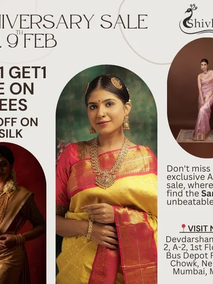 A poster from my 8th anniversary sale, highlighting the "Buy 1 Get 1 Free" offer and 30% discount on pure silk. It features models in beautiful yellow and pink traditional sarees.