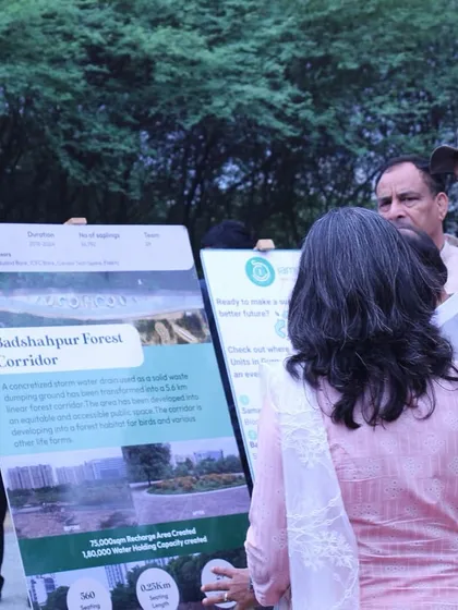 Our team explains the details of the Badshahpur Forest Corridor project to dignitaries, using informational boards to illustrate the restoration process and its impact.