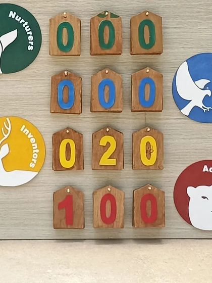 The completed house points scoreboard, featuring custom-cut logos for each house. This project combines woodworking with graphic design to create a functional and spirited display.