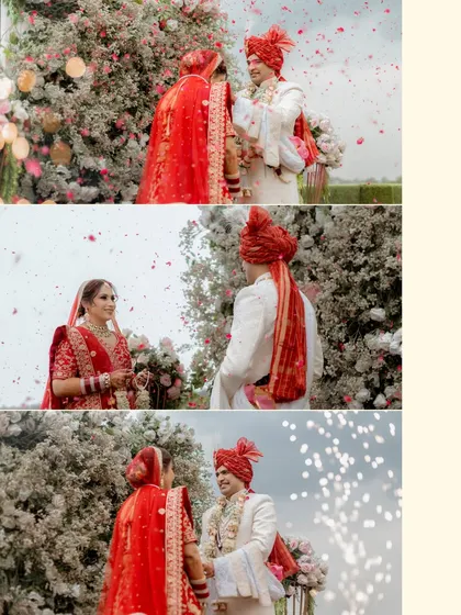 A collage of the Varmala ceremony, capturing the exchange of garlands and the shower of rose petals, freezing the joy of the moment.