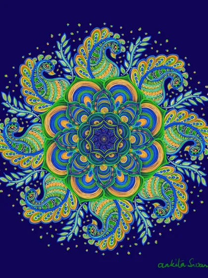 A stunning, full-circle digital mandala featuring intricate peacock motifs and a rich color palette of blues, greens, and golds, a prime example of my detailed mandala work.