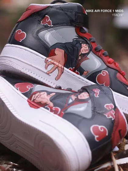 A detailed shot of the Itachi custom AF1s. The artwork captures his intense gaze, and I made sure to get the details of his Akatsuki cloak just right. This is a must have for any Itachi Uchiha fan.