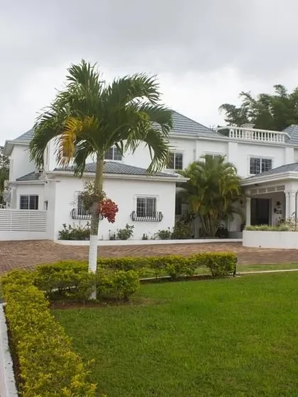 This large villa's landscape features a manicured lawn, neatly trimmed hedges defining the driveway, and a mature palm tree as a focal point. Our work ensures the greenery enhances the property's architecture.