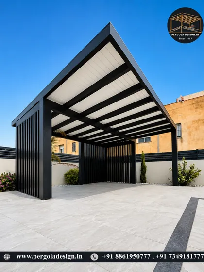A demonstration of bold, minimalist design. This freestanding carport is constructed with a heavy-duty black steel frame and a contrasting white panelled roof. The strong vertical lines of the support pillars create a powerful architectural statement, offering a modern and stylish shelter.