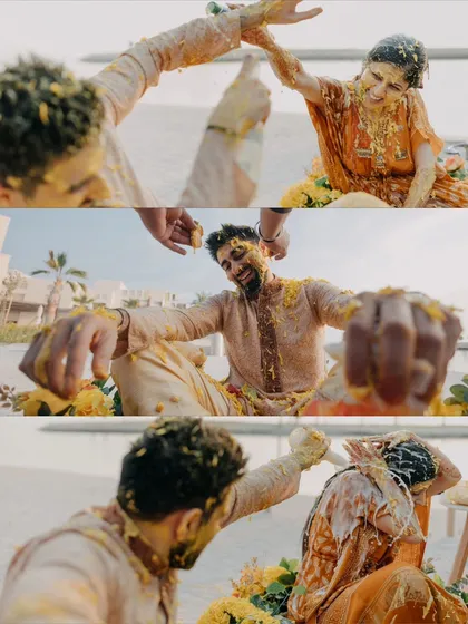 The vibrant, messy, and joyful chaos of a Haldi ceremony. This collage shows our commitment to capturing the energy and candid fun of every single pre-wedding ritual.