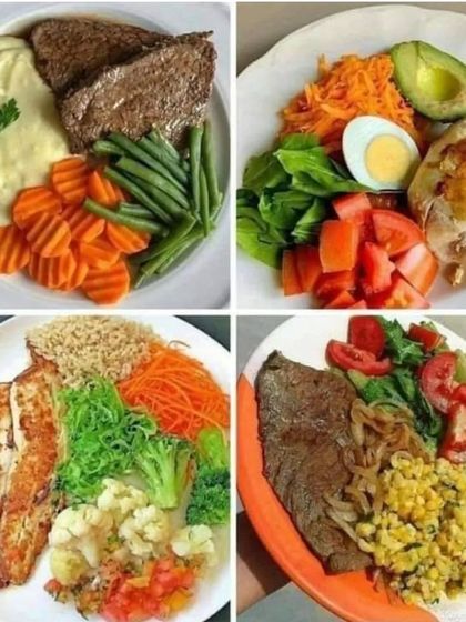 A collage of four different healthy and balanced meal plates, showing our versatility in creating nutritious and delicious food for any preference.