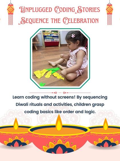 For Diwali, I use unplugged coding stories to teach sequencing. Here, a child arranges cards depicting Diwali rituals in logical order, learning the basics of coding without a screen.