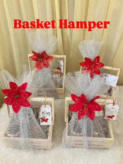 My Christmas Basket Hamper, beautifully wrapped and ready for gifting. These can be customized with a selection of my homemade goodies, including cakes, cookies, and jams.