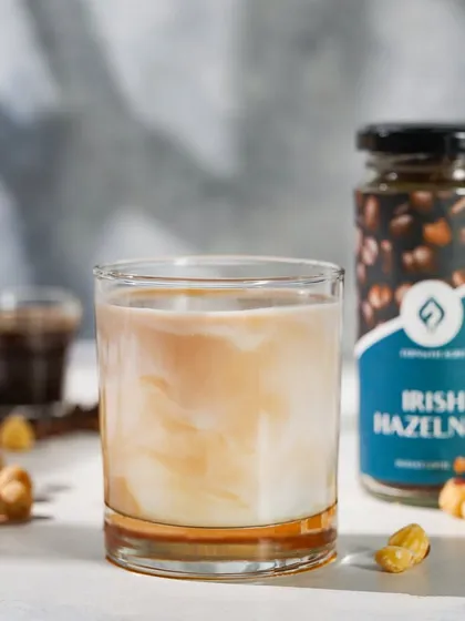 A glass of Irish Hazelnut iced coffee, beautifully lit to create a soft, morning-cafe feel. I used an artificial window prop to cast natural-looking shadows and add depth to the scene.