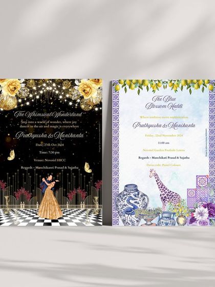 Two contrasting yet equally stunning invitation designs. One is a dark, whimsical wonderland theme for a cocktail night, while the other is a bright, artistic design with lemons and giraffes for a unique 'Glow Blossom Haldi'.