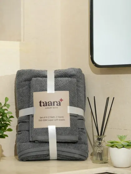 A set of grey towels, completing the series of vertically displayed products. This ensures a uniform and professional look across the product page.