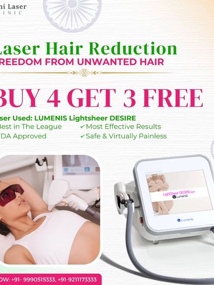Our Independence Day sale featured this "Buy 4, Get 3 Free" offer on laser hair reduction sessions. We use the best-in-class Lumenis LightSheer DESIRE to ensure safe and effective results.