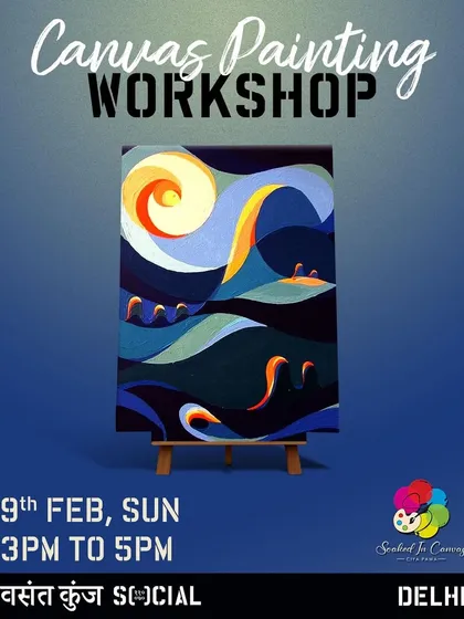 Our Valentine's special canvas painting workshop poster, inviting people to a creative afternoon at Vasant Kunj Social.