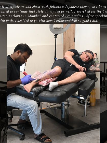 A look at a multi-hour session for a leg sleeve. I create a comfortable and professional environment so clients can relax while I focus on executing the detailed work.