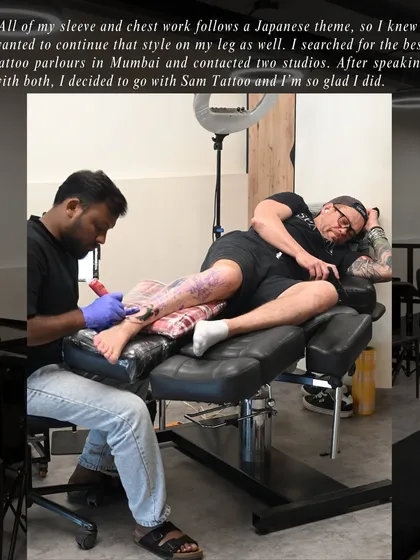"All of my sleeve and chest work follows a Japanese theme, so I knew I wanted to continue that style on my leg as well." A long session in progress for a large-scale leg piece.