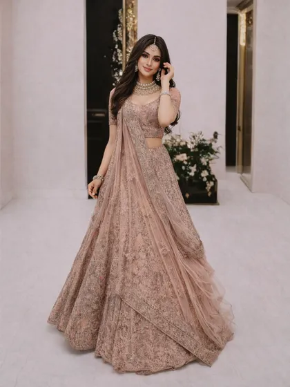 This image highlights the intricate embroidery and the graceful way the pre-draped dupatta falls, making it a hassle-free yet stunning option.