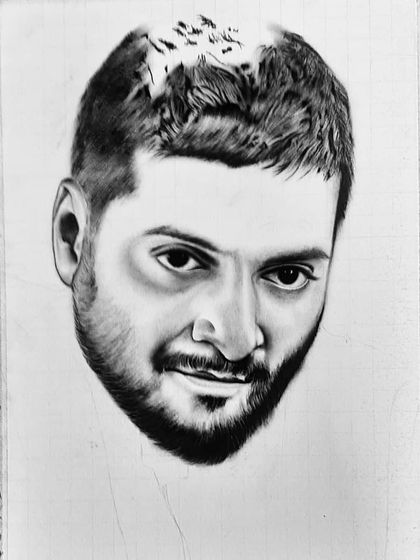 The 90-hour process of creating the Guddu Pandit portrait. These images show the careful layering of charcoal and graphite to achieve the intense, gritty look.