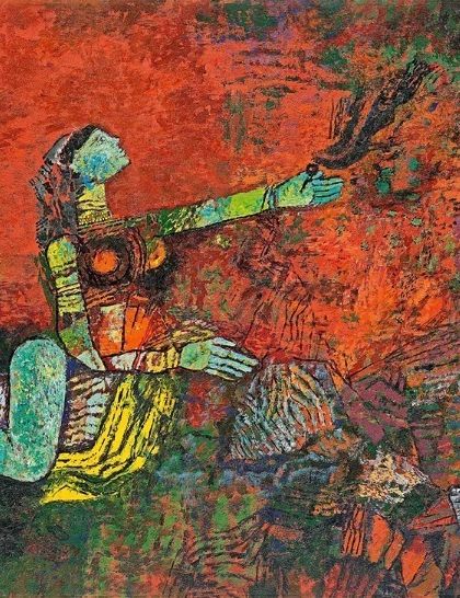 An oil on canvas by A.P. Santhanaraj from 2001. His mythic women carry stories on their very skin. This canvas is not merely painted; it is almost woven, with every stroke steeped in memory and meditative restraint.