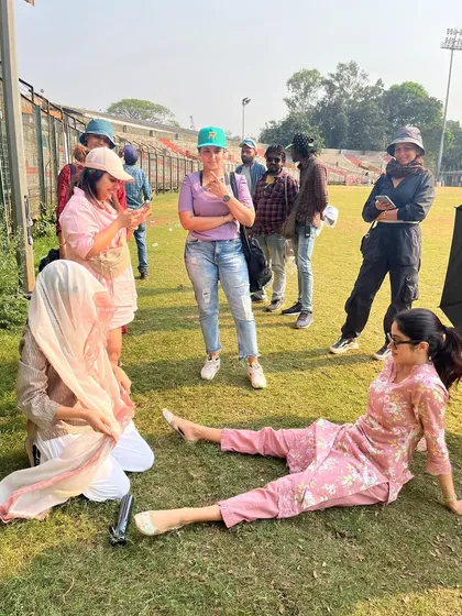 The team taking a break on the field during the 'Mr & Mrs Mahi' shoot. Film production is a massive team effort, and I’m so grateful for my amazing crew.