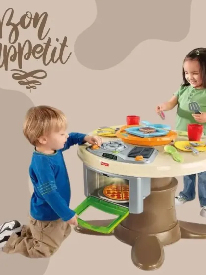 The Fisher-Price Servin' Surprises Kitchen and Table is a unique convertible toy. It functions as both a kitchen stovetop and a dining table, with all the food pieces storing neatly inside.