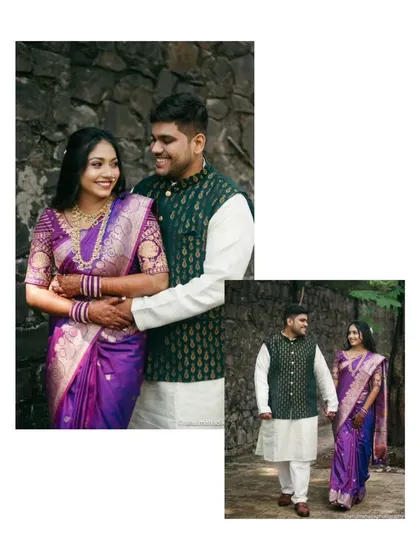 A two-photo collage capturing the couple against a stone wall and walking hand-in-hand. The bride's rich purple saree adds a beautiful pop of color to the rustic, natural setting.