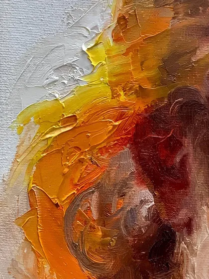 A close-up detail from the "WARM" series, showing the thick impasto knife work.
