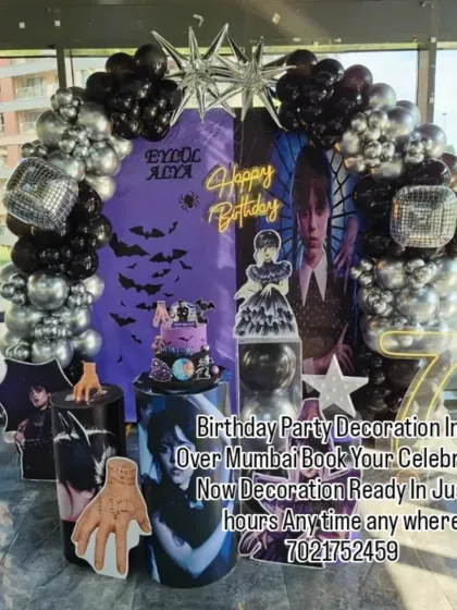 For a unique and trendy party, check out this Wednesday Addams theme. I used a black, purple, and silver color scheme with spooky elements like bats and character cutouts to bring the popular series to life.