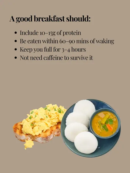 A good breakfast should include 10-15g of protein, be eaten within 90 minutes of waking, and keep you full for 3-4 hours without needing caffeine.