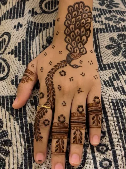 A simple and elegant peacock feather design for the back of the hand. Perfect for a minimal look.