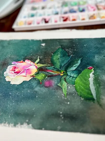 A small demonstration of a single rose, focusing on the delicate petals and the dark, atmospheric background.