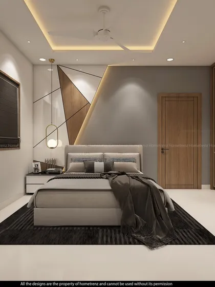 A full view of the guest bedroom, showing the clean lines, neutral color palette, and efficient use of space.