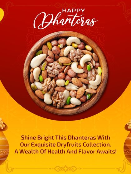 Shine bright this Dhanteras with my exquisite dry fruit collection. This image shows a beautiful arrangement that represents a wealth of health and flavor, perfect for the occasion.