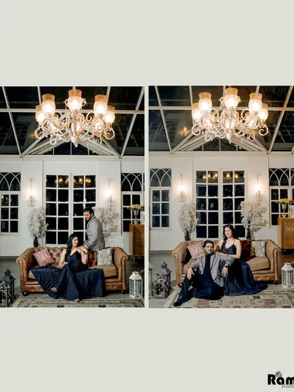 A diptych showing a couple in an elegant, vintage-style living room at night. The grand chandelier and classic furniture create a sophisticated and cozy atmosphere for their indoor shoot.