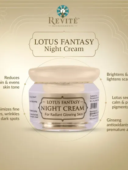 The Lotus Fantasy Night Cream is designed to reduce melanin, minimize fine lines, and brighten scars. It uses lotus seeds to calm pigmentation and ginseng to fight premature aging.
