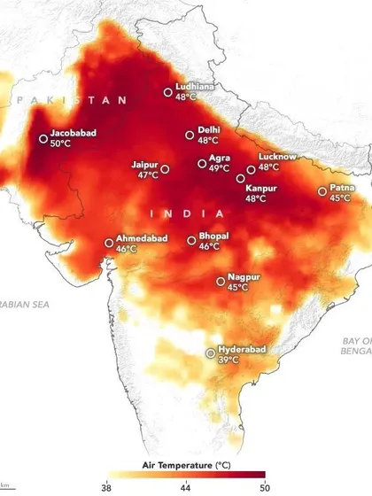 A map showing the extreme heatwave in India. I connect this climate emergency, which threatens our food security and lives, to the misplaced priorities of a government focused on opaque political funding like Electoral Bonds.