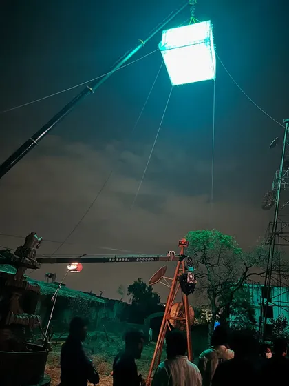 Another angle of the moonbox rig, showing the complexity of the crane and cable system used to position the light precisely.