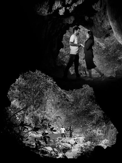A creative black and white collage showing a couple exploring a cave and a stream, highlighting the adventurous side of a forest shoot.
