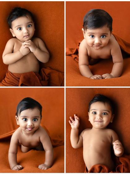 A collage of a six-month-old baby exploring different expressions. From curious looks to big smiles, this is the perfect age to capture their budding personality.