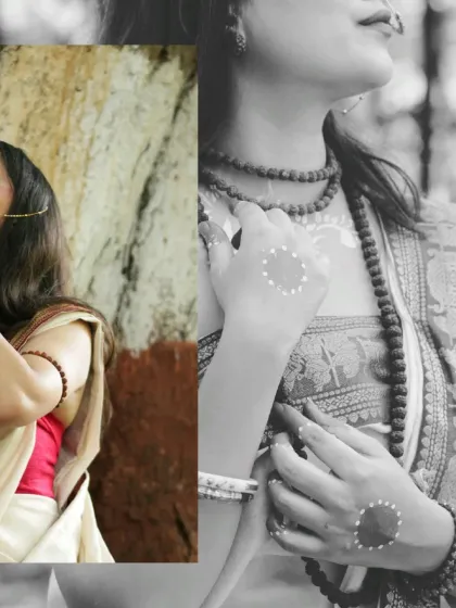 A creative collage combining a color shot with a black and white close-up, highlighting the textures of the rudraksha beads and traditional hand art.