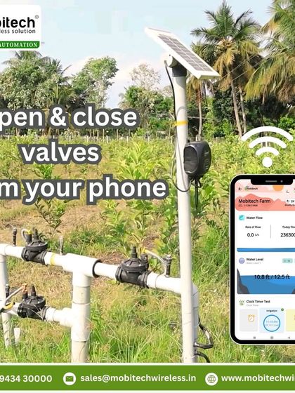 Open and close valves from your phone. This image shows our solar-powered wireless controller and app interface for total remote management.