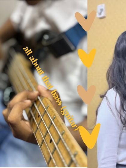 A close-up on a student playing the bass guitar. We offer lessons across a wide variety of instruments, including the foundational bass.