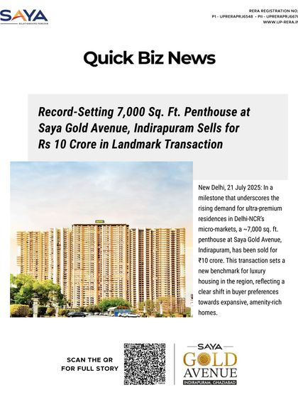 Quick Biz News covered the landmark sale of our penthouse, noting it as a milestone that underscores the rising demand for ultra-premium residences in Delhi-NCR's micro-markets.