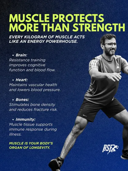 Muscle protects more than just your strength. It acts as an energy powerhouse for your brain, heart, bones, and immune system. I train clients to build muscle as their body's organ of longevity.