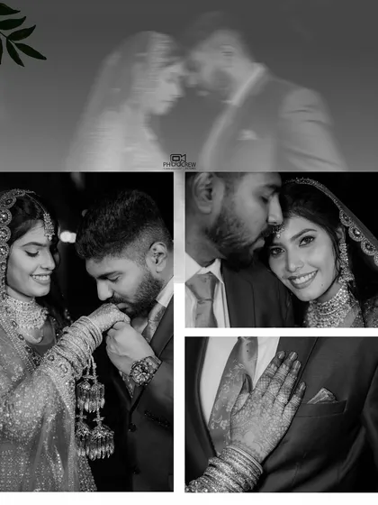A collage of black and white photos capturing the couple's romantic interactions and details like holding hands.